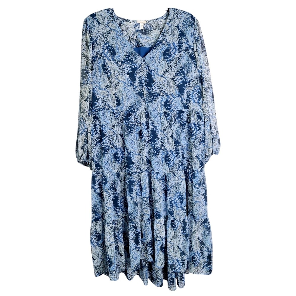 Joie Tiered Midi Dress Womens Large Blue Paisley Print V-Neck Long Sleeve Boho